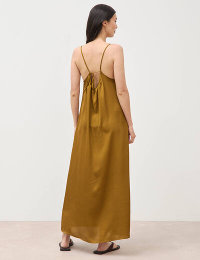Robe bretelle satin&eacute;e col rond vert olive femme