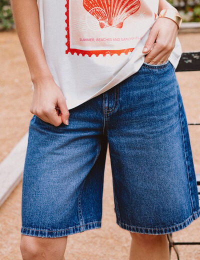 Bermuda large taille haute en coton denim stone femme
