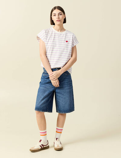Bermuda large taille haute en coton denim stone femme