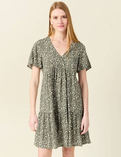Robe évasée manches courtes vert kaki femme