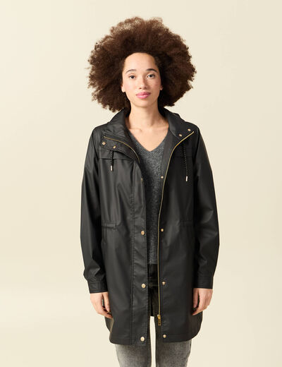 Parka longue droite d&eacute;perlante &agrave; capuche noir femme
