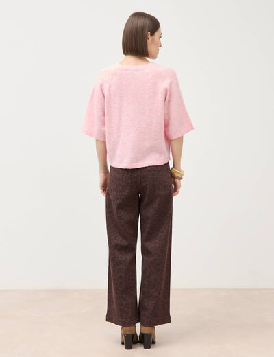 Pull droit court col v manches courtes rose clair femme