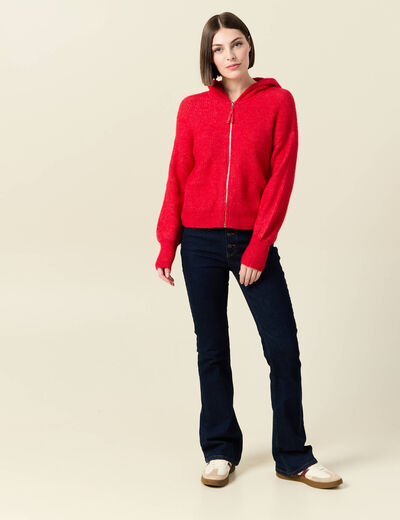 Gilet manches longues capuche rouge femme