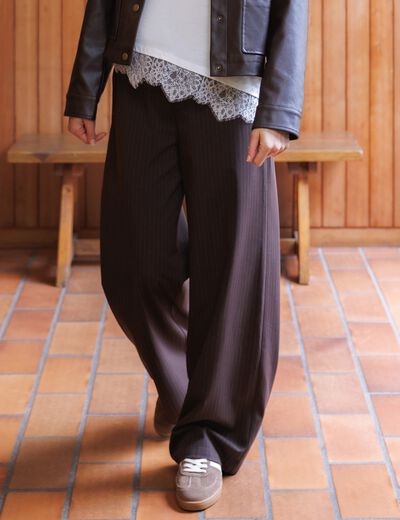 Pantalon large taille haute fluide marron fonc&eacute; femme