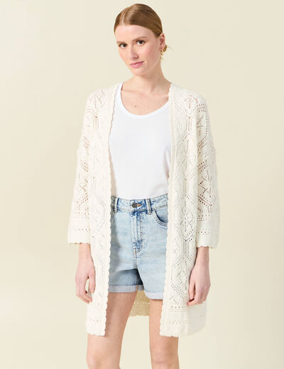 Gilet manches 3/4 ajouré ecru femme
