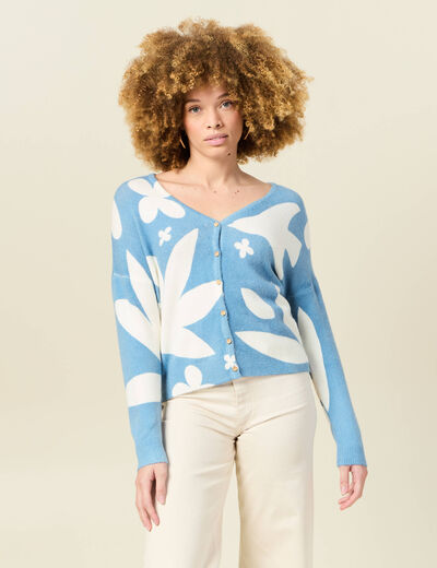 Gilet manches longues col en V bleu gris femme