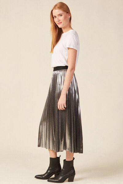 Jupe midi évasée plissée gris argent femme