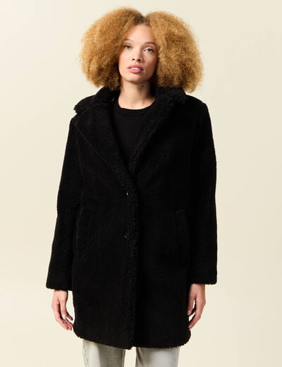 Manteau long laine mouton noir femme
