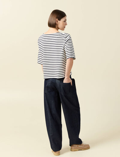 T-shirt ray&eacute; col bateau manches courtes ecru femme