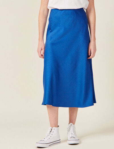 Jupe midi droite satin bleu electrique femme