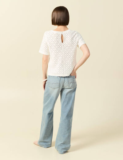 T-shirt ajour&eacute; col rond manches courtes ecru femme