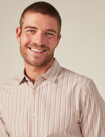 Chemise ray&eacute;e en coton manches longues beige homme