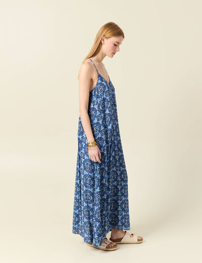 Robe longue évasée fluide bleu femme