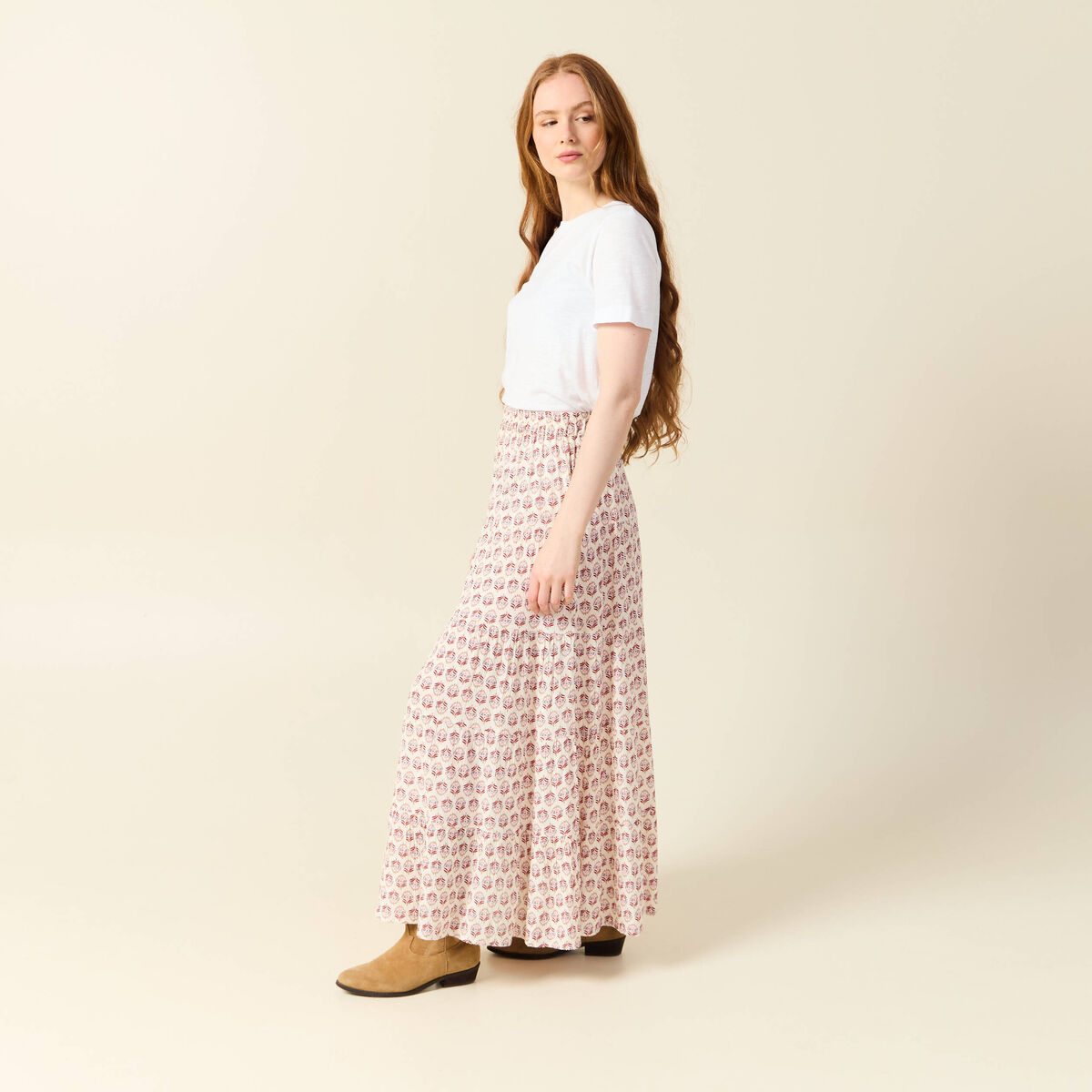 Jupe longue droite fluide ivoire femme