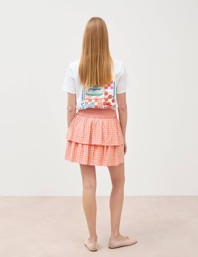 Jupe fluide &agrave; carreaux doubl&eacute;e orange abricot femme