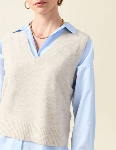 Pull sans manches col en V creme femme