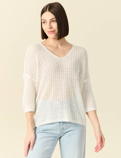 Pull ajour&eacute; col v manches 3/4 ecru femme