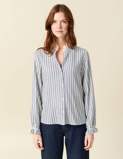 Chemise cintr&eacute;e col montant brod&eacute;e blanc femme