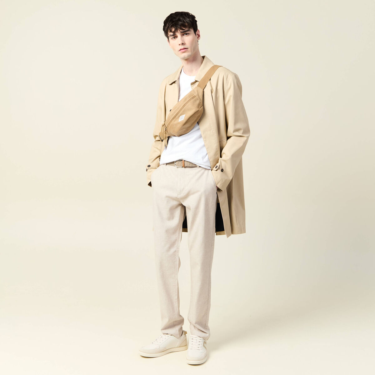 Pantalon chino longueur 32 avec ceinture beige homme