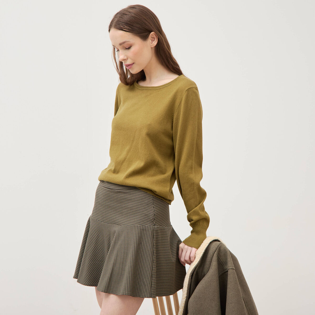 Pull manches longues vert kaki femme
