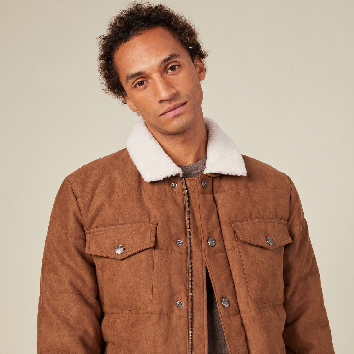 Doudoune suédine droite marron homme