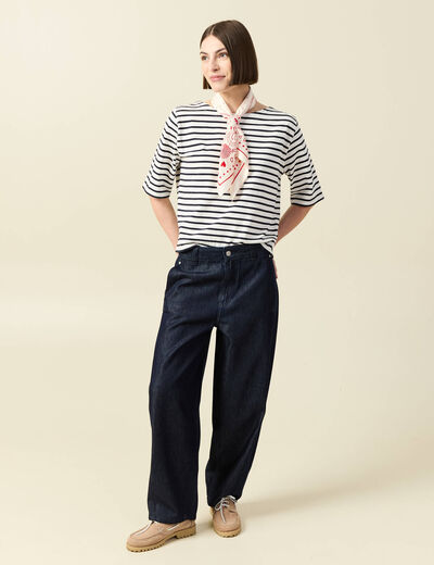 T-shirt ray&eacute; col bateau manches courtes ecru femme