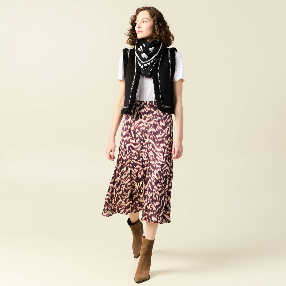 Jupe midi évasée fluide marron femme