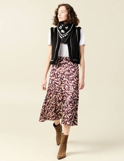 Jupe midi évasée fluide marron femme