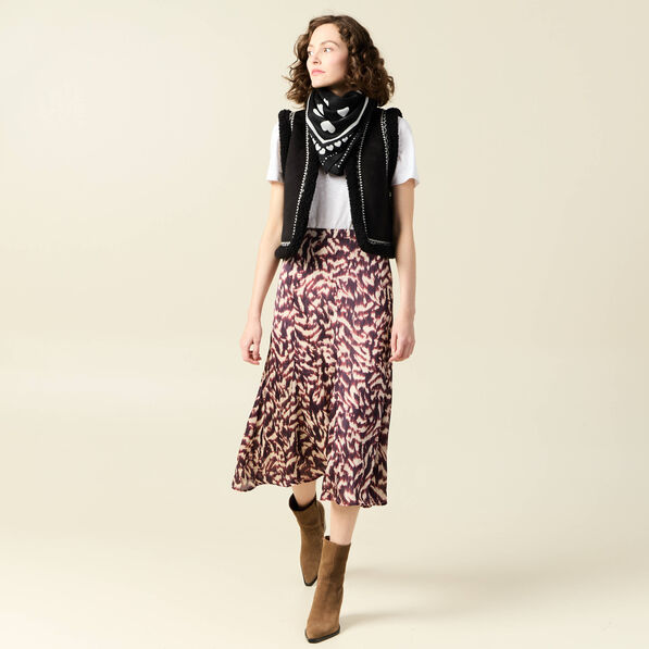 Jupe midi évasée fluide marron femme