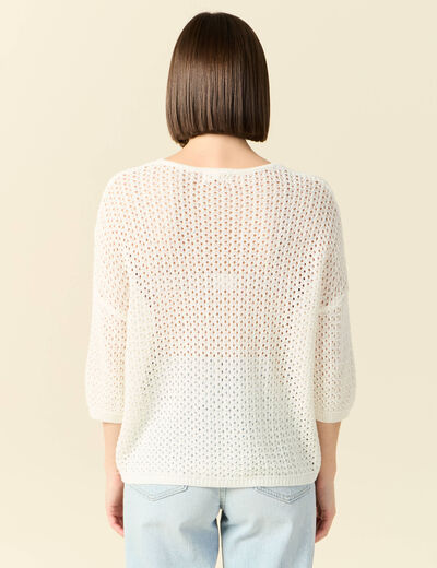 Pull ajour&eacute; col v manches 3/4 ecru femme