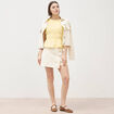 T-shirt fronc&eacute; col rond manches courtes jaune pastel femme