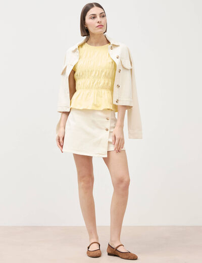 T-shirt fronc&eacute; col rond manches courtes jaune pastel femme