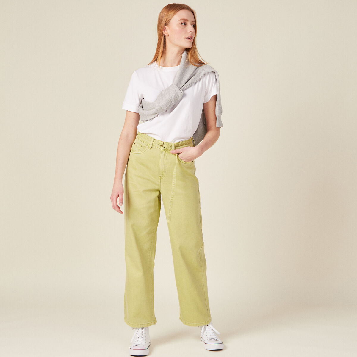 Jeans large taille haute vert anis femme