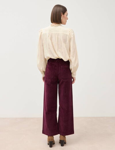 Pantalon large taille haute en velours prune femme