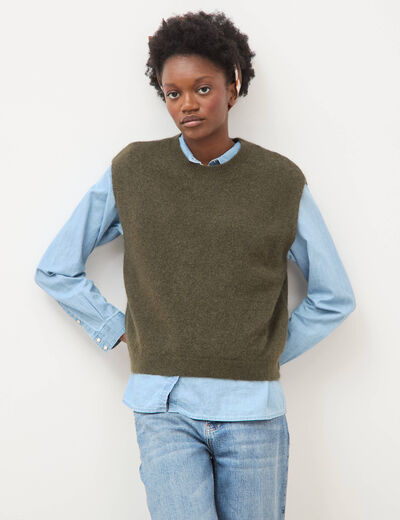Pull droit court sans manches col rond vert olive femme