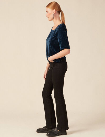 Blouse ajust&eacute;e manches courtes velours bleu canard femme