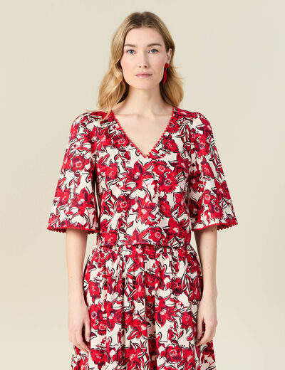 Blouse manches 3/4 rouge femme