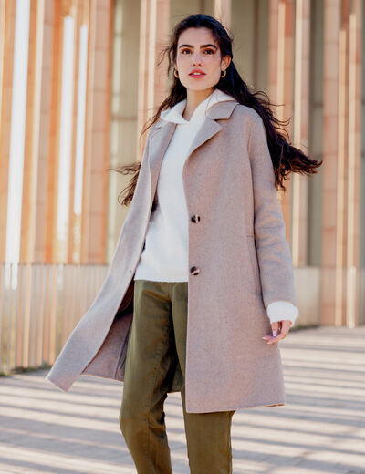 Manteau droit long boutonné marron clair femme