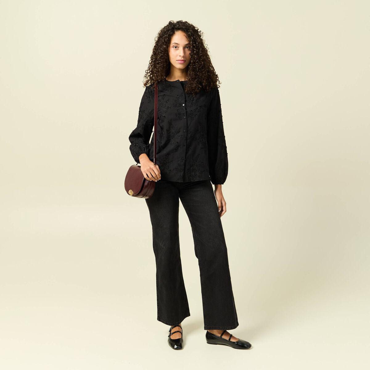 Chemise manches longues broderie coton noir femme
