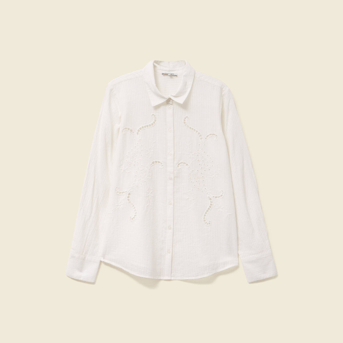 Chemise manches longues en coton brodée creme femme