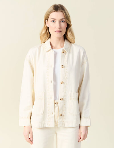 Blouson boutonné brodé denim blanc femme