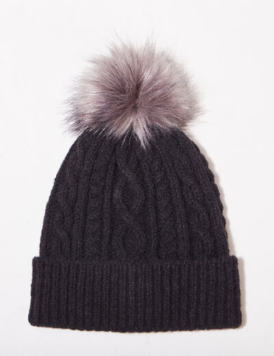 Bonnet tricoté à pompon noir femme