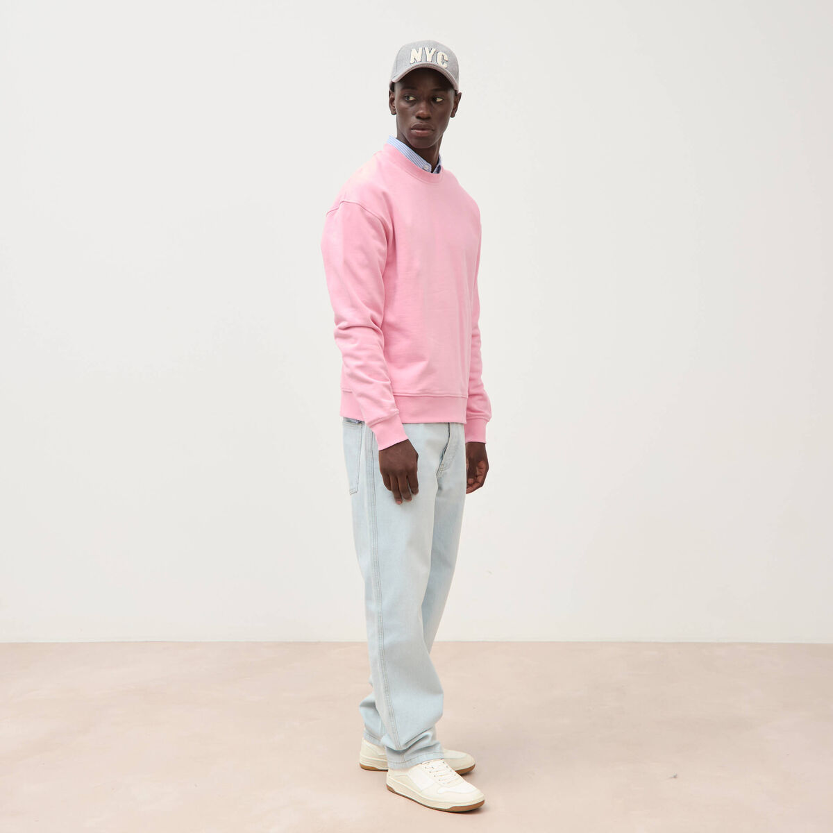 Sweat col rond manches longues en coton rose homme