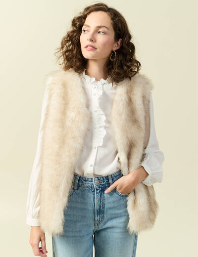 Gilet col tailleur manches longues creme femme