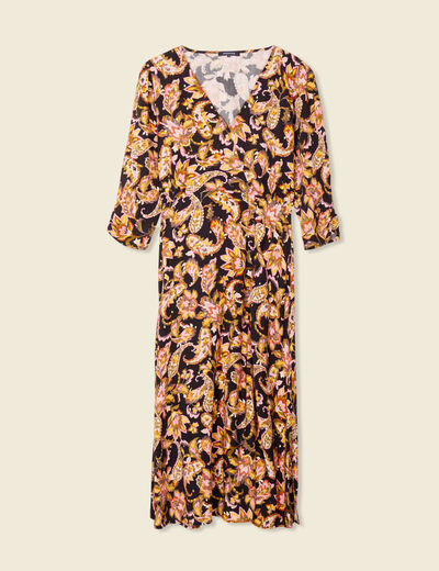 Robe midi évasée manches 3/4 noir femme