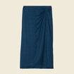 Jupe midi droite fendue satin bleu canard femme