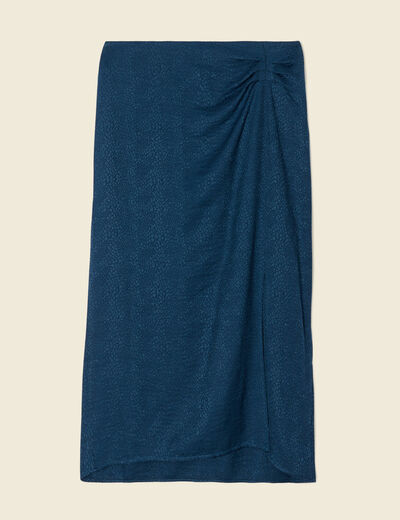 Jupe midi droite fendue satin bleu canard femme