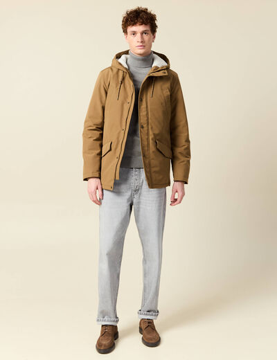 Parka droite mi-longue &agrave; capuche beige homme