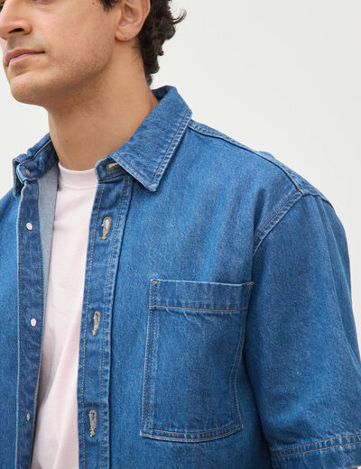 Chemise col am&eacute;ricain manches courtes denim stone homme