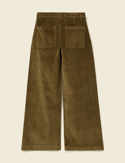 Pantalon large taille haute en velours vert kaki femme